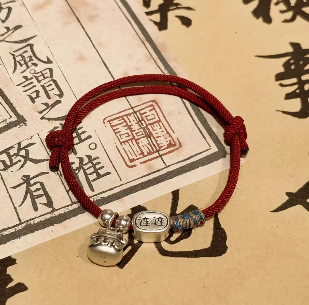 足银手链 足银999好运连连招财猫手绳手工编织时尚编绳复古可调节