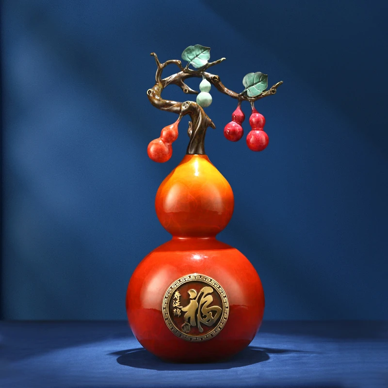 康聚如铜葫芦黄铜简约工艺家居客厅桌面装饰创意工艺品摆件新中式