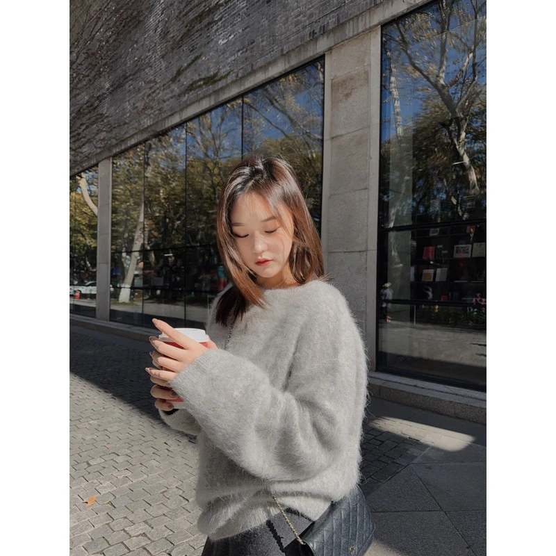 OSENSO“美羊羊” 秋冬百搭加厚羊驼毛慵懒风圆领毛衣女ZZ231033