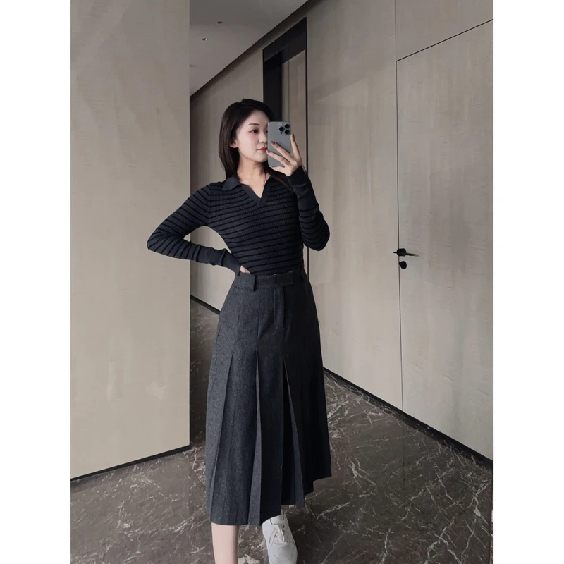 OSENSO"芭蕾舞"冬季百搭时尚韩版设计感显瘦羊毛百褶裙QZ231061