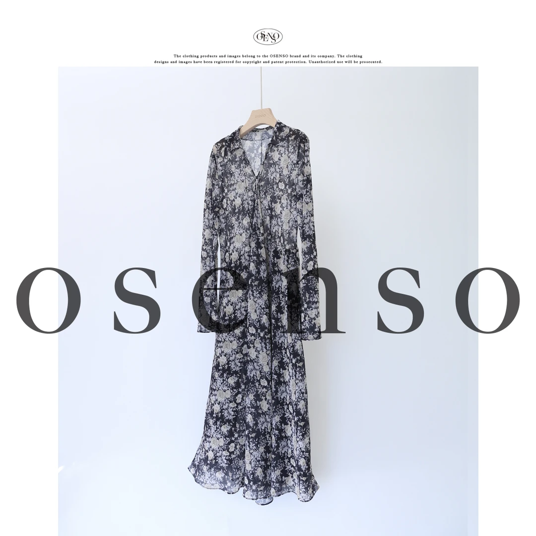 OSENSO“奢香夫人2.0”玫瑰碎花休闲极简风长款v领连衣裙QZ240772