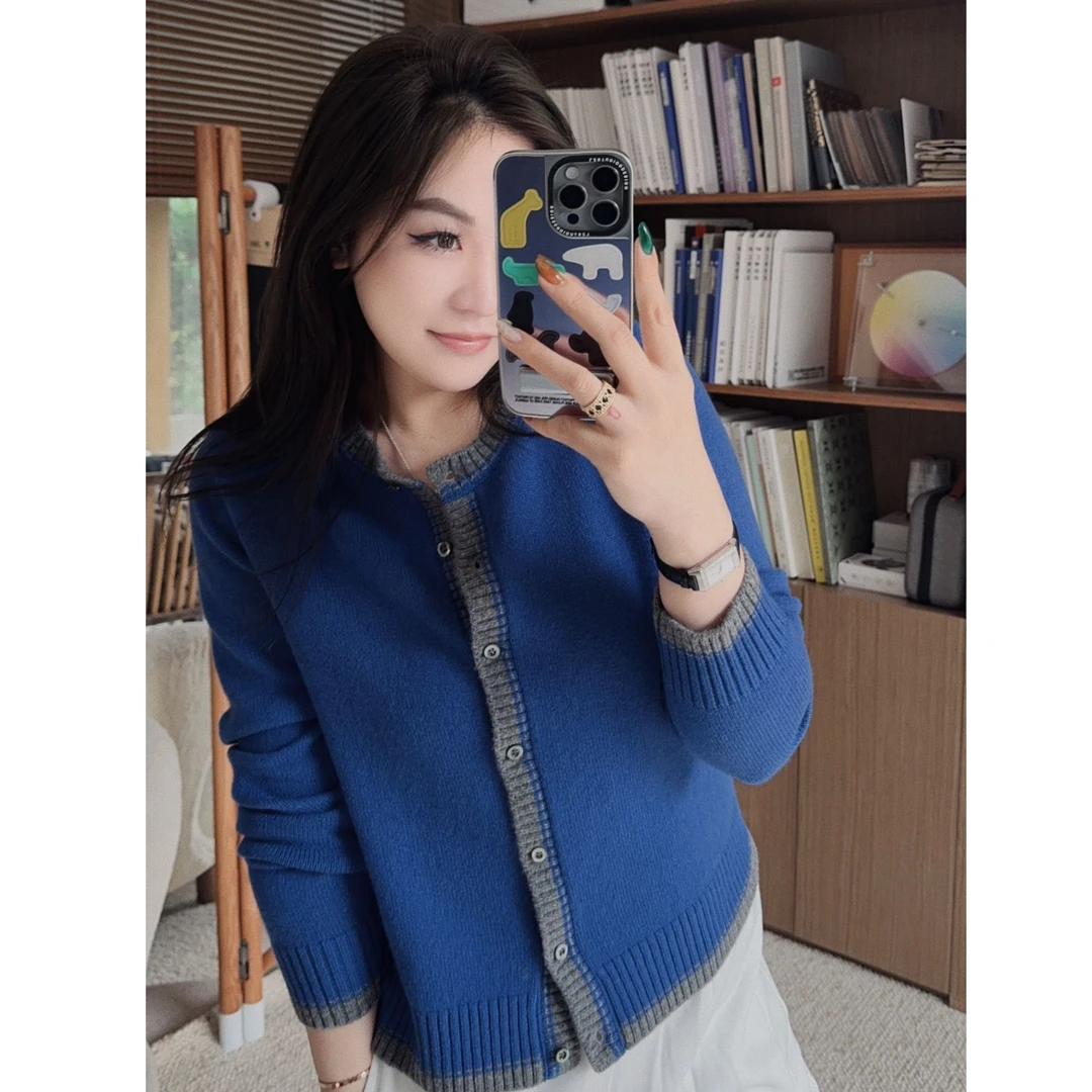 OSENSO"miu系多巴胺"拼色经典舒适100羊毛开衫ZZ241131