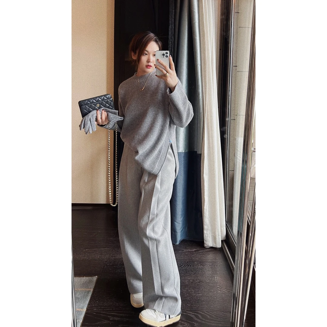 OSENSO”月光使者“灰色毛呢阔腿长短款休闲宽松显瘦西裤KZ220762