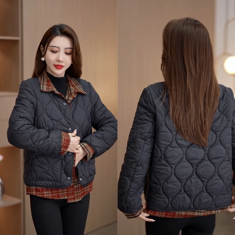 中年百搭小个子短款时尚休闲显瘦韩版秋冬季假两件加厚保暖棉衣