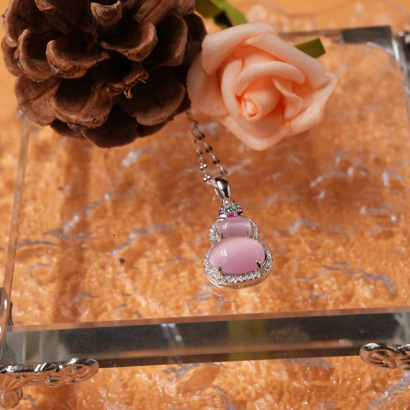 云银雪山 坠链均足银 YHC358【粉黛葫芦】925银镶嵌猫眼石项链