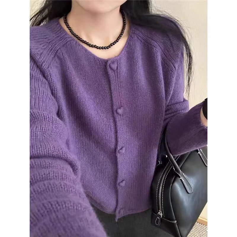【紫色爱心】圆领针织开衫女短款甜美减龄气质修身毛衣外套