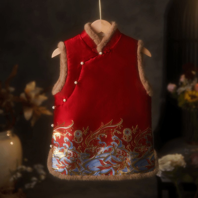【小扬哥甄选】 红色拜年服旗袍少女马甲2023冬季新中式年轻款复古