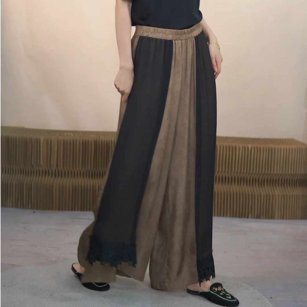 新款高端气质飘逸拼色设计宽松阔腿裤99188