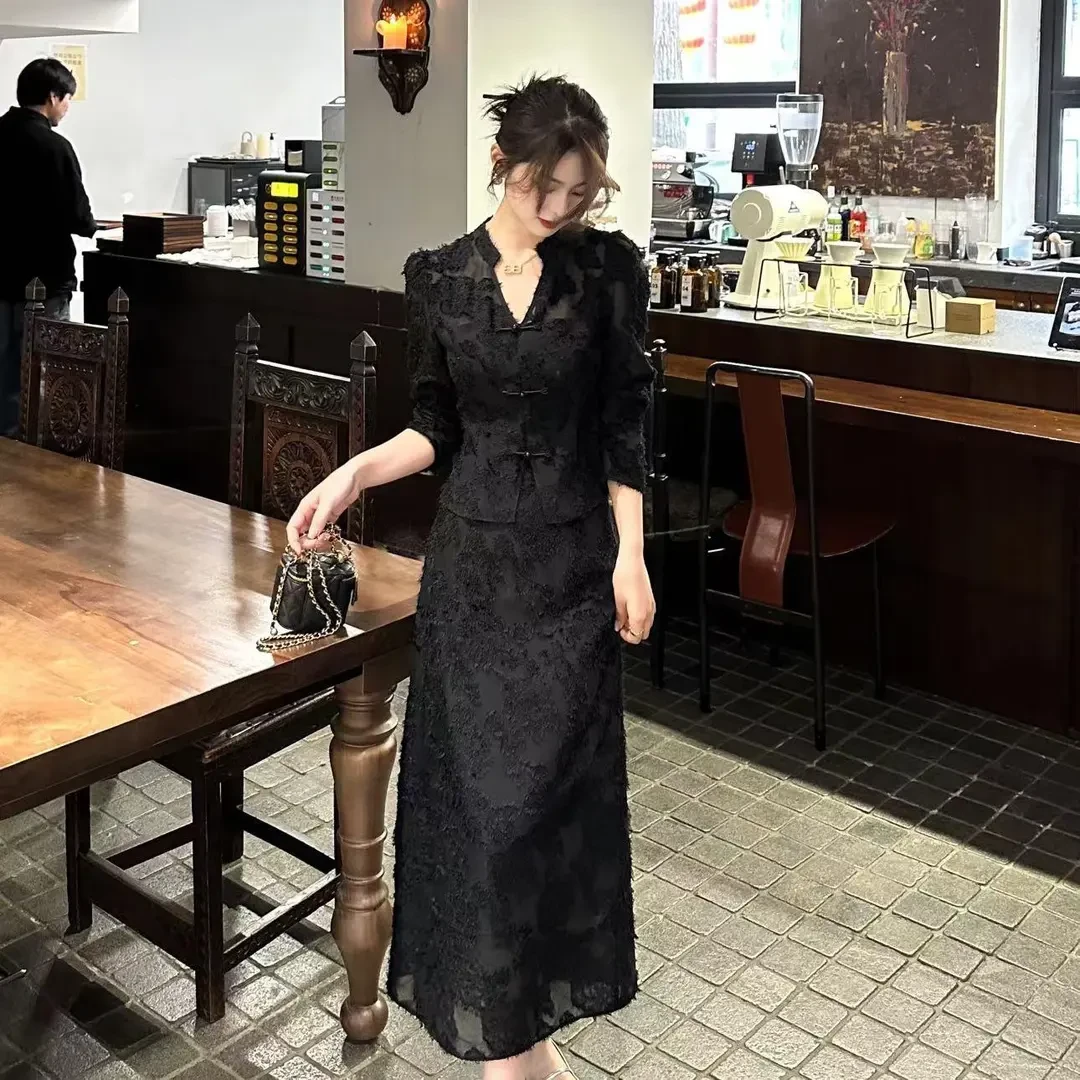 1042#气质名媛春季套装女蕾丝镂空长袖上衣直筒休闲半身长裙时尚