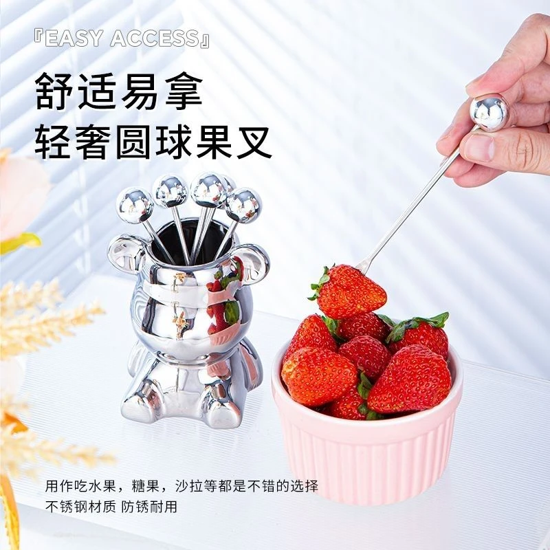 不锈钢可爱创意收纳家用刀叉水果盘叉子小熊高级可爱小熊水果餐具