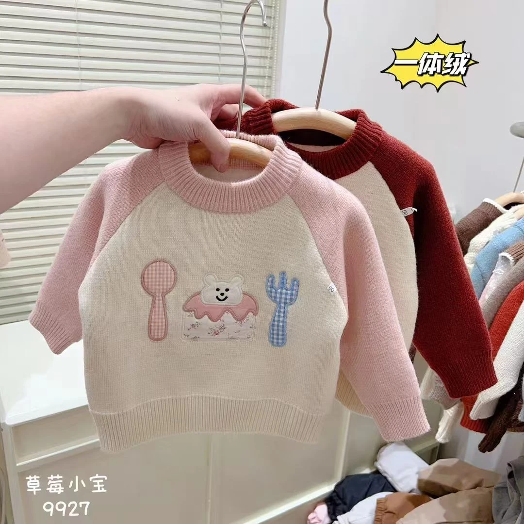 加厚一体绒女童毛衣儿童保暖针织上衣百搭拼色卡通女童毛衣