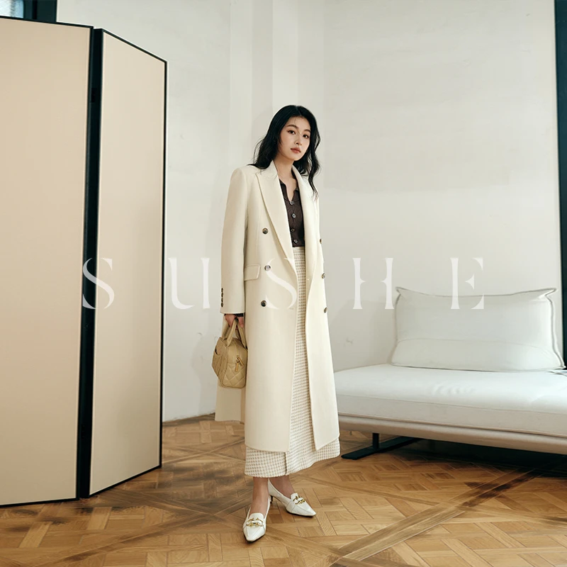 束皙/SUSHE 100%绵羊毛戗驳领双排扣长款西装式手工双面大衣女冬