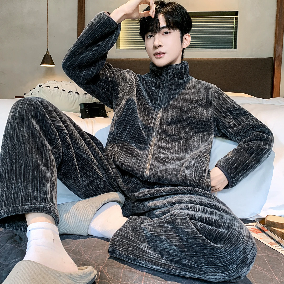 雪尼尔双面复合秋冬季宽松大码法兰绒家居服男可外穿珊瑚绒睡衣