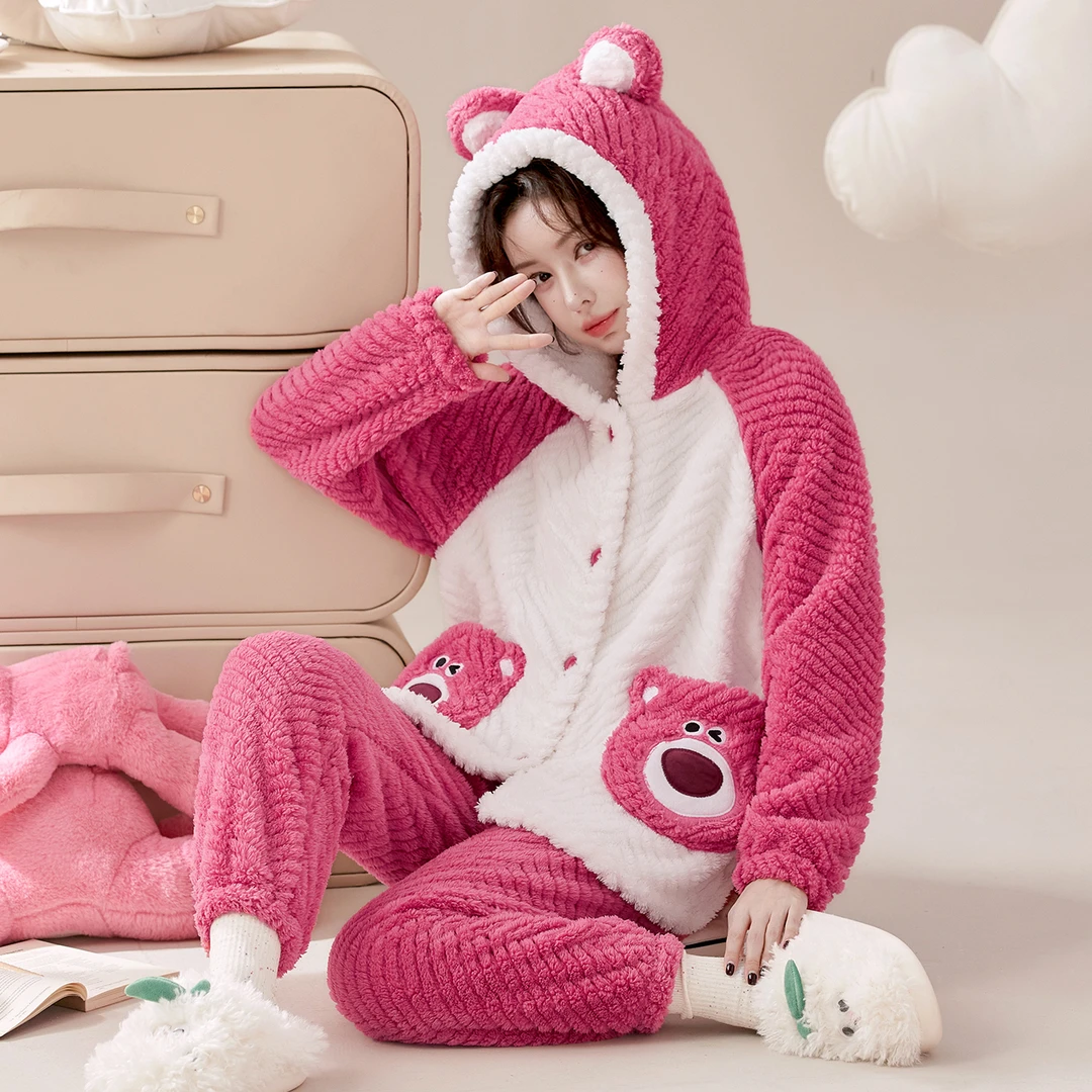 保暖可外穿家居服秋冬连帽甜美可爱女加绒加厚睡衣套装冬天卡通