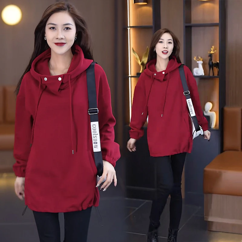 加绒中长款连帽卫衣女2023秋冬季新款上衣时尚宽松休闲加厚外套潮