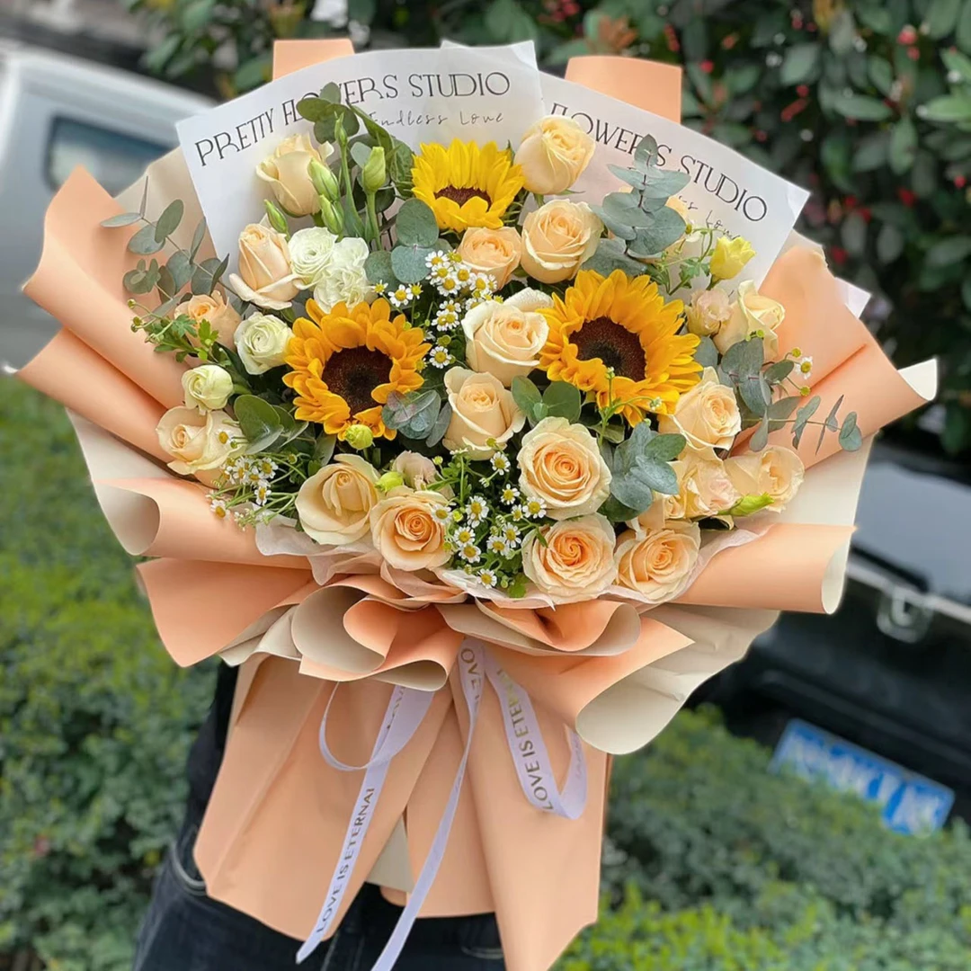 【祝福】3朵向日葵混搭18朵香槟玫瑰鲜花送朋友师长生日祝福感恩高考礼物鲜花花束小时达同城配送