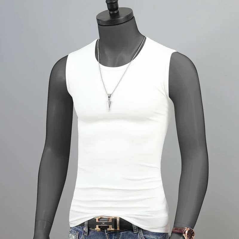 背心男夏季丝光棉运动无袖圆领修身坎肩纯色薄款大码打底上衣青年