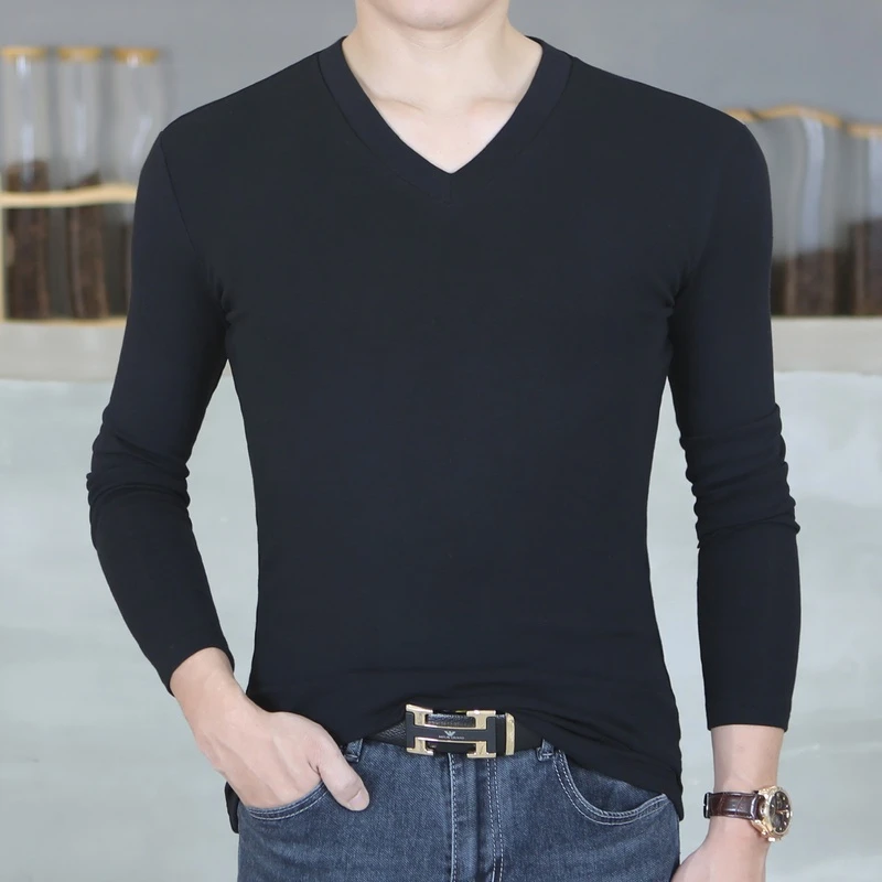 秋冬季V领长袖男T恤纯棉修身保暖秋衣百搭纯色打底衫上衣潮流t恤