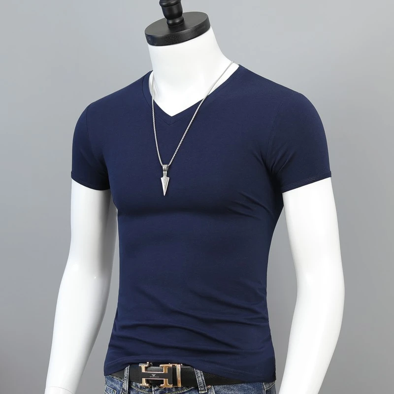 夏季薄款v领短袖t恤男士纯色修身简约半袖薄款百搭上衣服打底