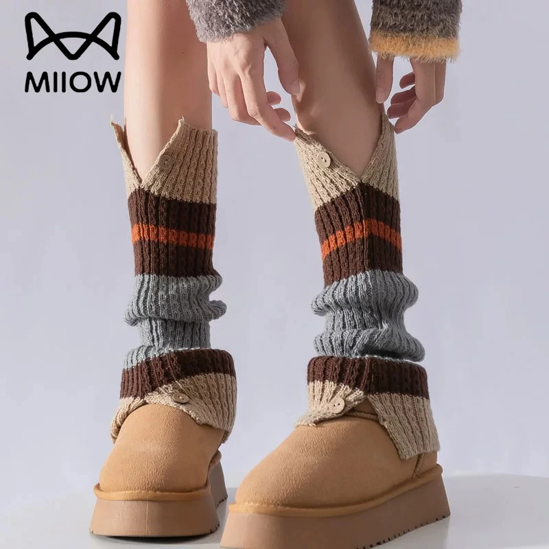 猫人袜套女秋冬撞色针织搭配雪地靴美拉德开口纽扣加厚保暖堆堆袜