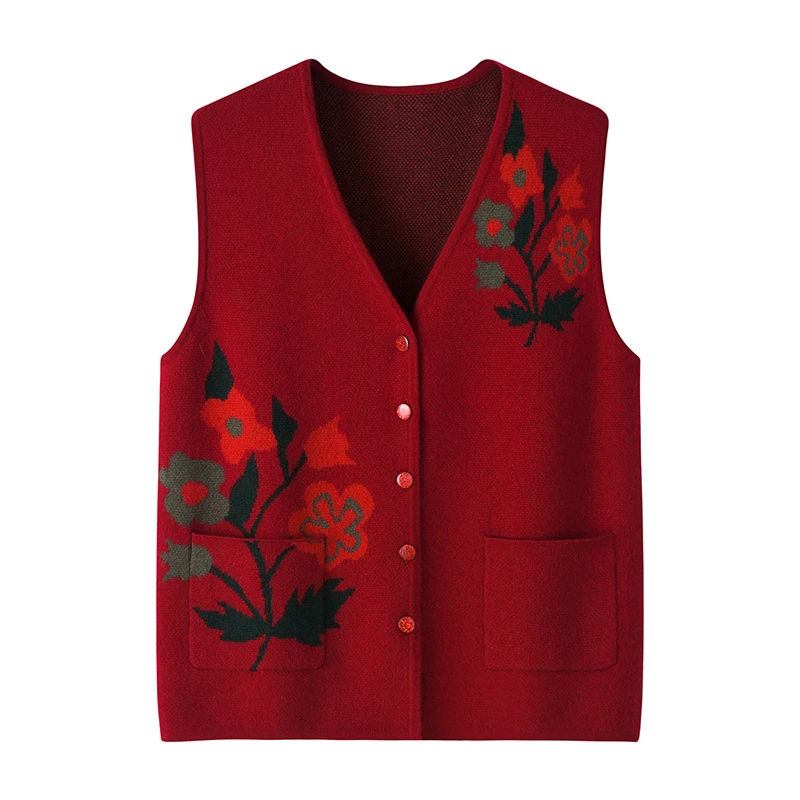 秋冬新款中老年妈妈装纯羊毛衫女开衫提花加厚V领马夹坎肩背心