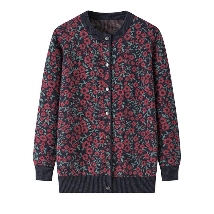 秋冬新款中老年妈妈装羊绒衫女加厚大码毛衣外套圆领提花针织开衫