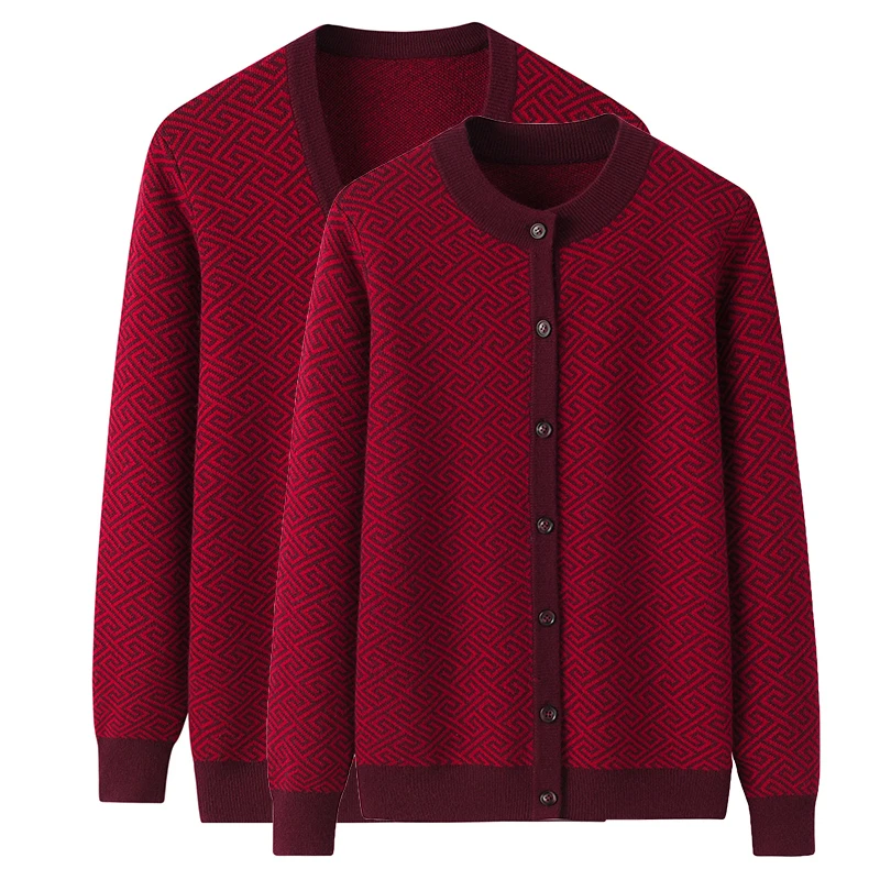 爸妈情侣款羊绒衫男女本命年红色提花加厚大码羊绒开衫秋冬新款