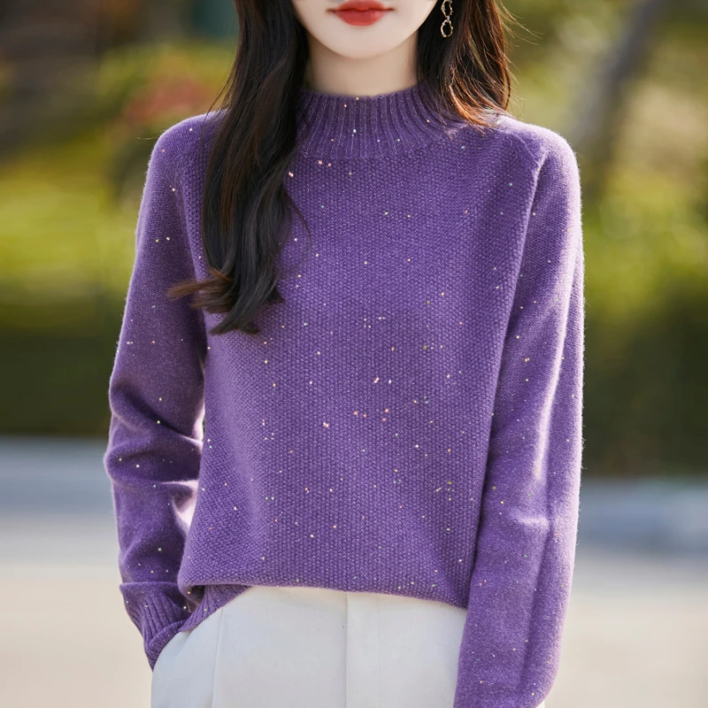 【高奢定制】秋冬新款100羊毛加厚一线成衣珠片半高领宽松百搭羊毛