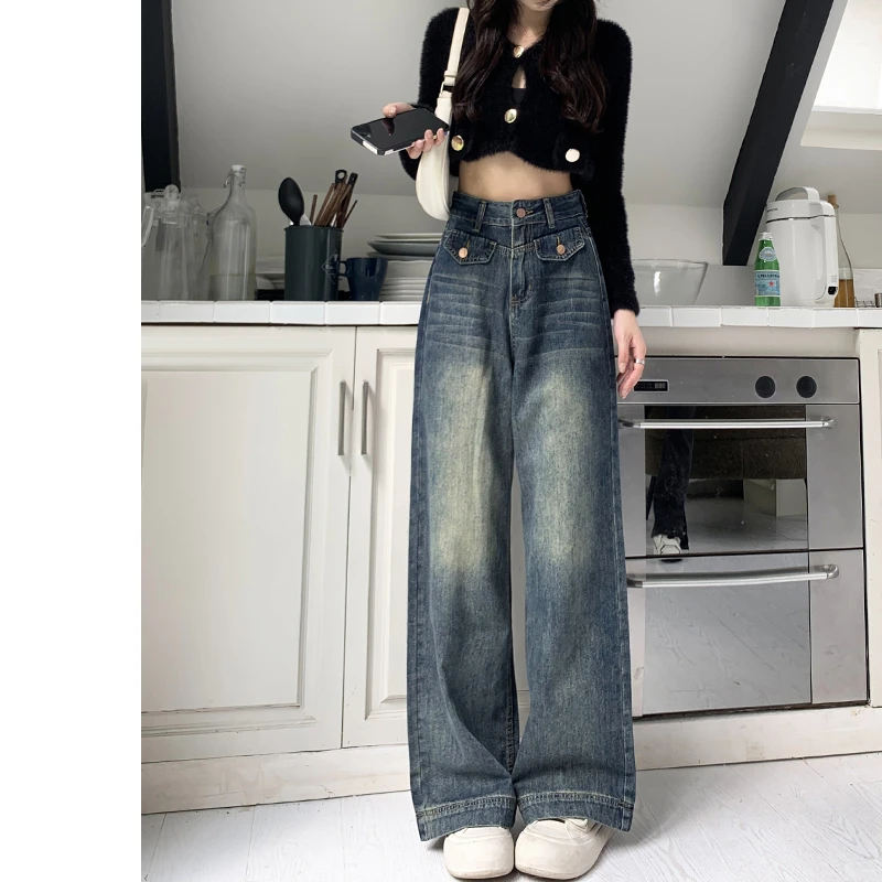 复古阔腿牛仔裤女春季2024年新款宽松显瘦高腰垂感直筒长裤子秋季