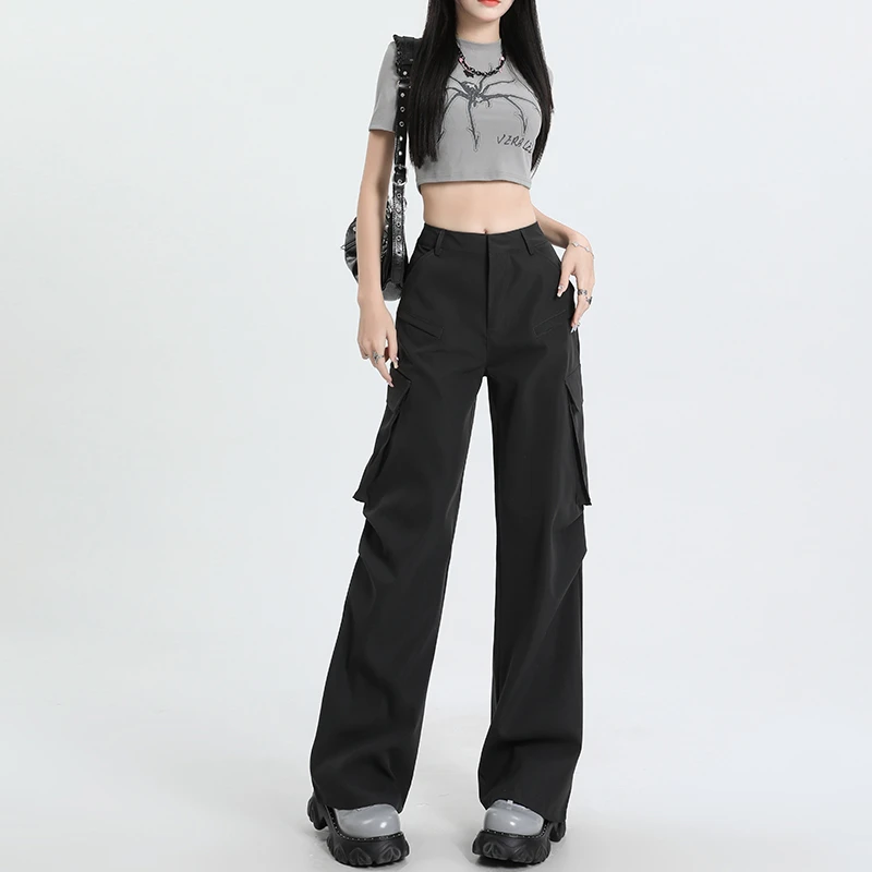 灰色工装裤女夏季2023年新款梨形身材高腰直筒美式阔腿运动休闲裤