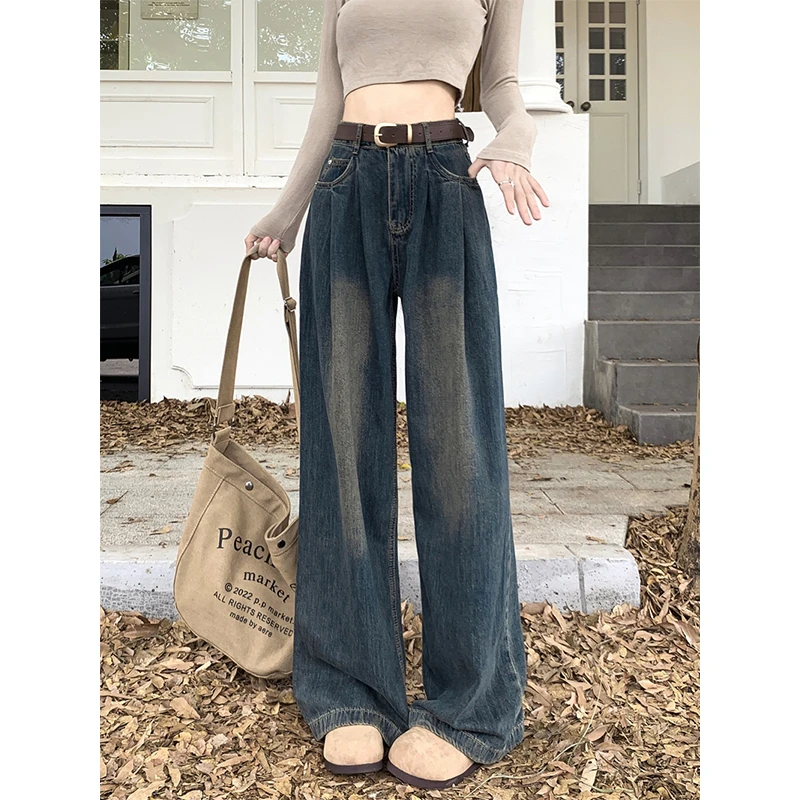 复古阔腿牛仔裤女2023新款韩版秋季高腰宽松褶皱直筒垂感拖地裤子