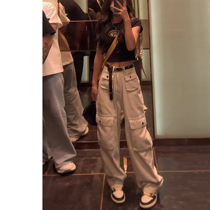 美式沙白色工装裤女夏季高街新款设计感多口袋宽松显瘦阔腿裤子潮