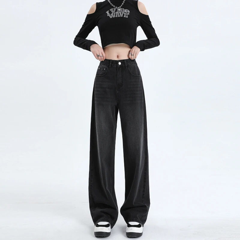 黑灰色阔腿牛仔裤女早秋新款高腰宽松直筒梨形遮胯显瘦垂感拖地裤