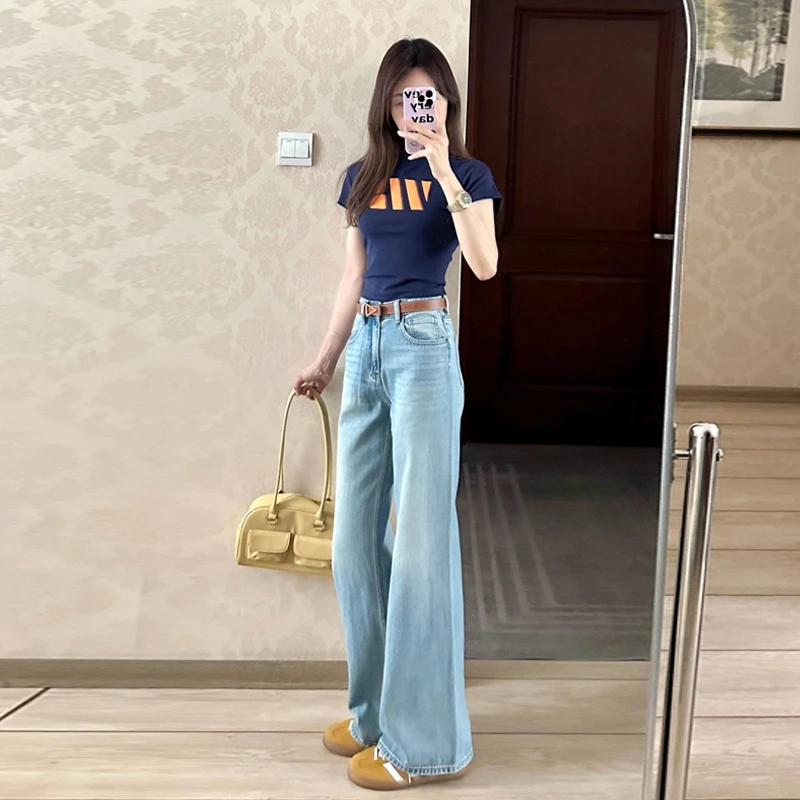 美式浅蓝窄版阔腿牛仔裤女夏季薄款高腰宽松显瘦小个子直筒拖地裤