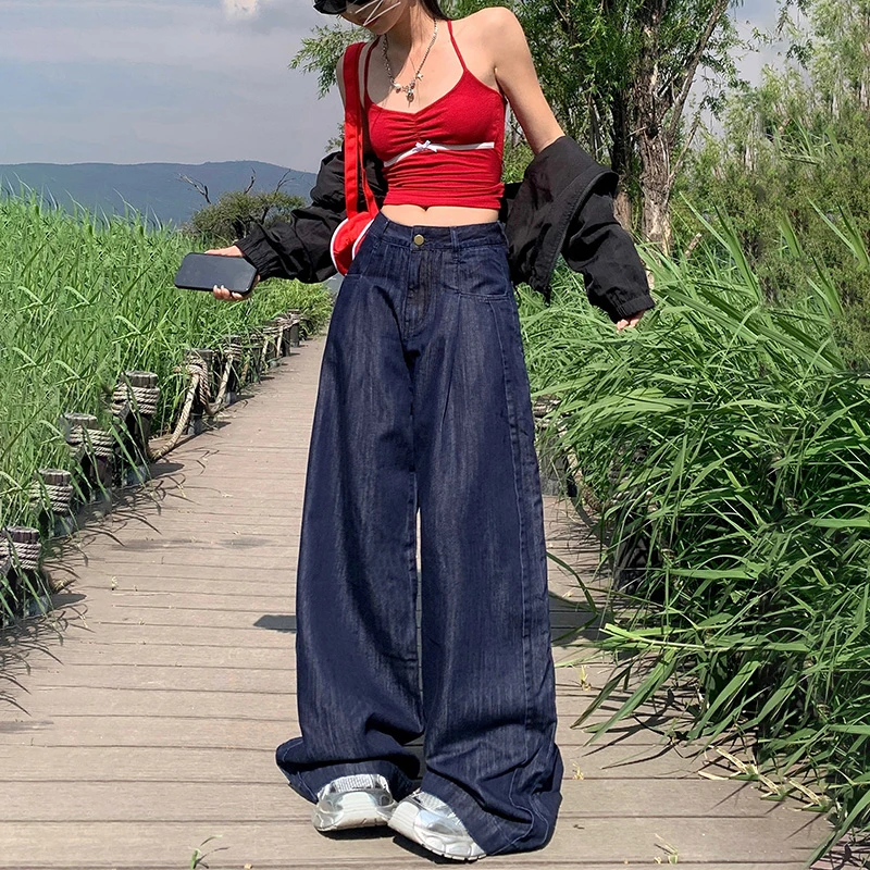 夏季薄款牛仔裤女2024夏季新品美式宽松直筒褶皱冰丝垂感阔腿裤子