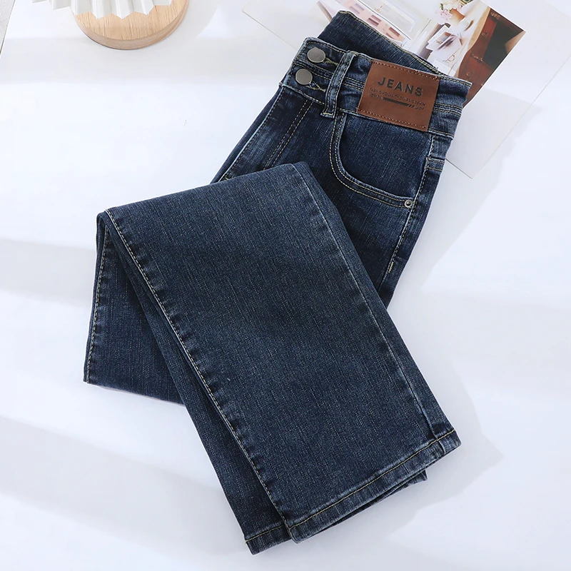 烟管裤女2023年新款春秋蓝灰色显瘦直筒牛仔裤女加绒小个子秋冬