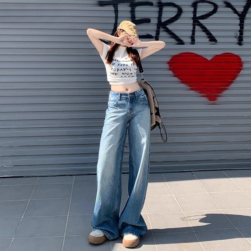 美式复古百搭阔腿牛仔裤女低腰裤子新款直筒宽松爆款牛仔布裤