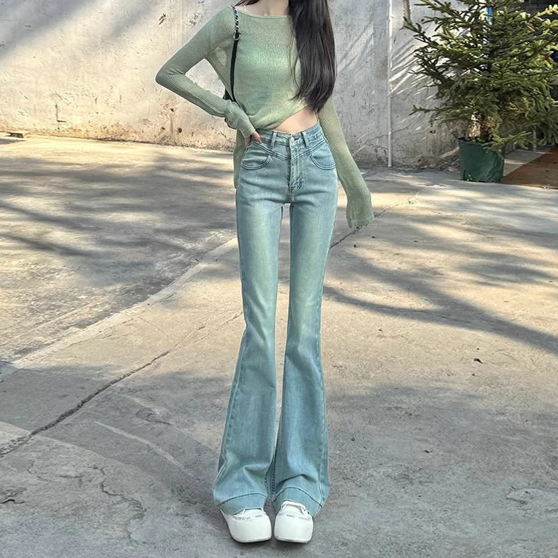 微喇牛仔裤女2024年春秋新款浅蓝色高腰修身显瘦小个子马蹄喇叭裤