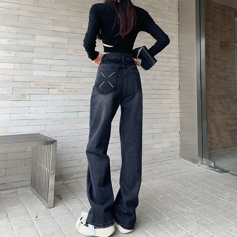 黑色阔腿牛仔裤女秋季新款高腰设计感直筒宽松高个子加长拖地裤子