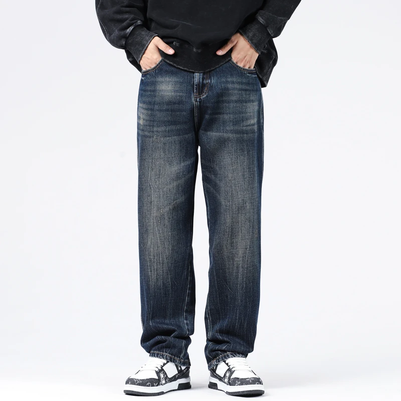 YKK新款美式直筒迷雾蓝色裤腿重工扎花宽松直筒潮流百搭时尚牛仔