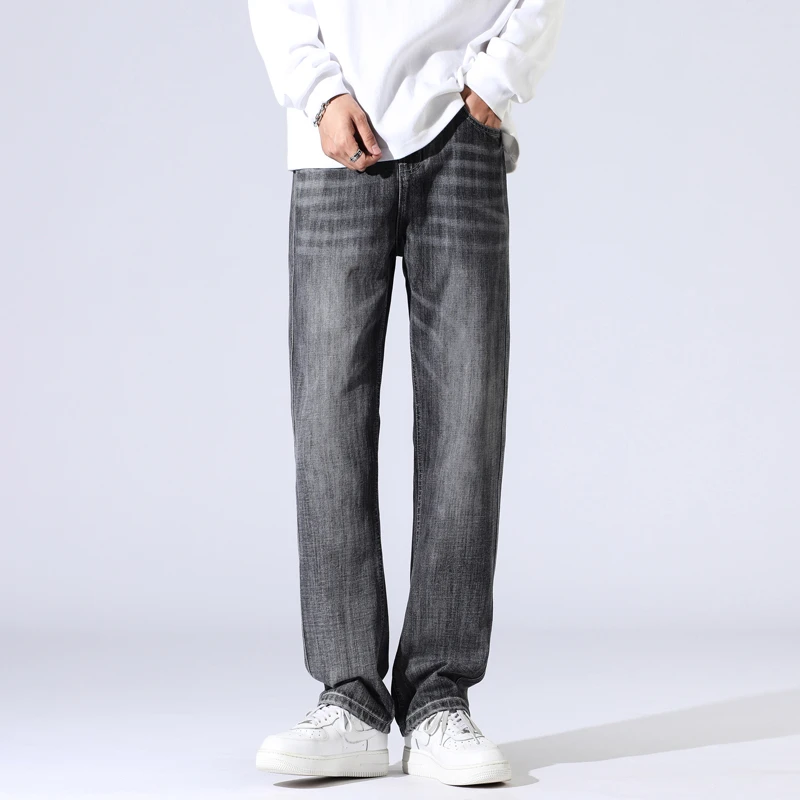 YKK新款直筒潮男宽松潮流个性重工洗水灰色百搭时尚牛仔裤