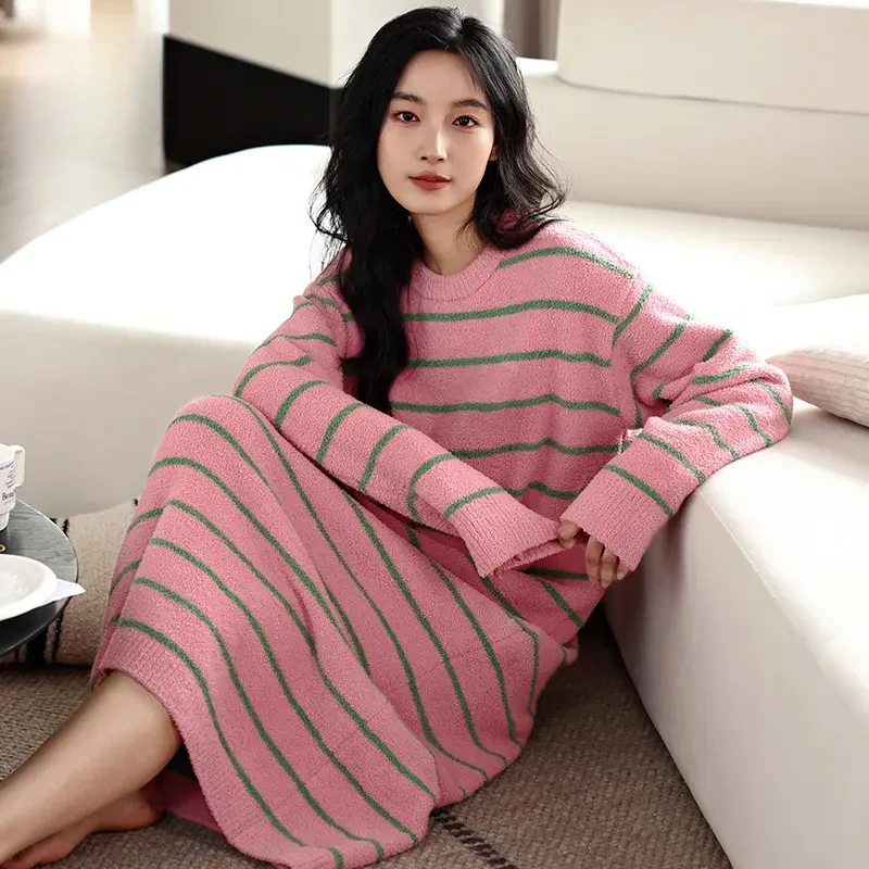 秋冬季保暖半边绒睡衣女士冬季条纹睡裙珊瑚绒圆领甜美可爱家居服