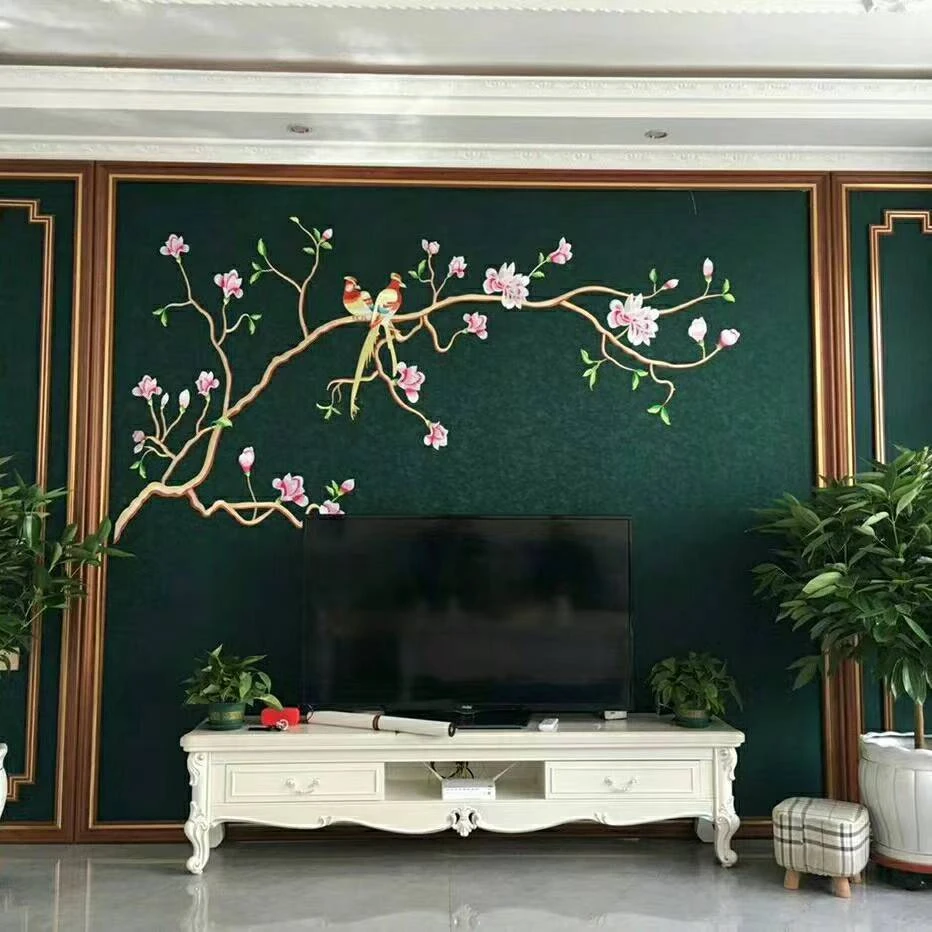 刺绣背景墙布新中式花鸟独绣客厅玉兰花壁画卧室电视墙纸新款