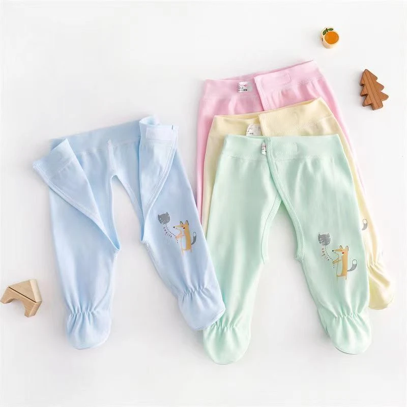 婴儿无骨包脚裤魔术贴开腰高腰开裆裤秋裤a类100%纯棉新生衣服