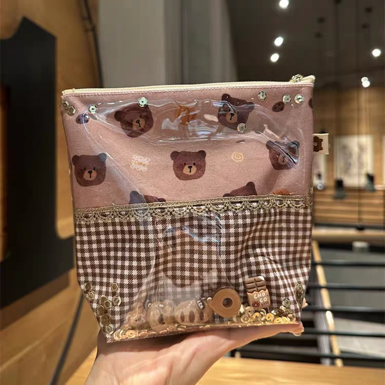B487可爱小熊透明流沙化妆包口红包拉链包流沙包