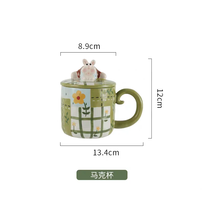 B433马克杯陶瓷水杯家用办公咖啡杯带盖创意手工花茶杯高温釉下彩