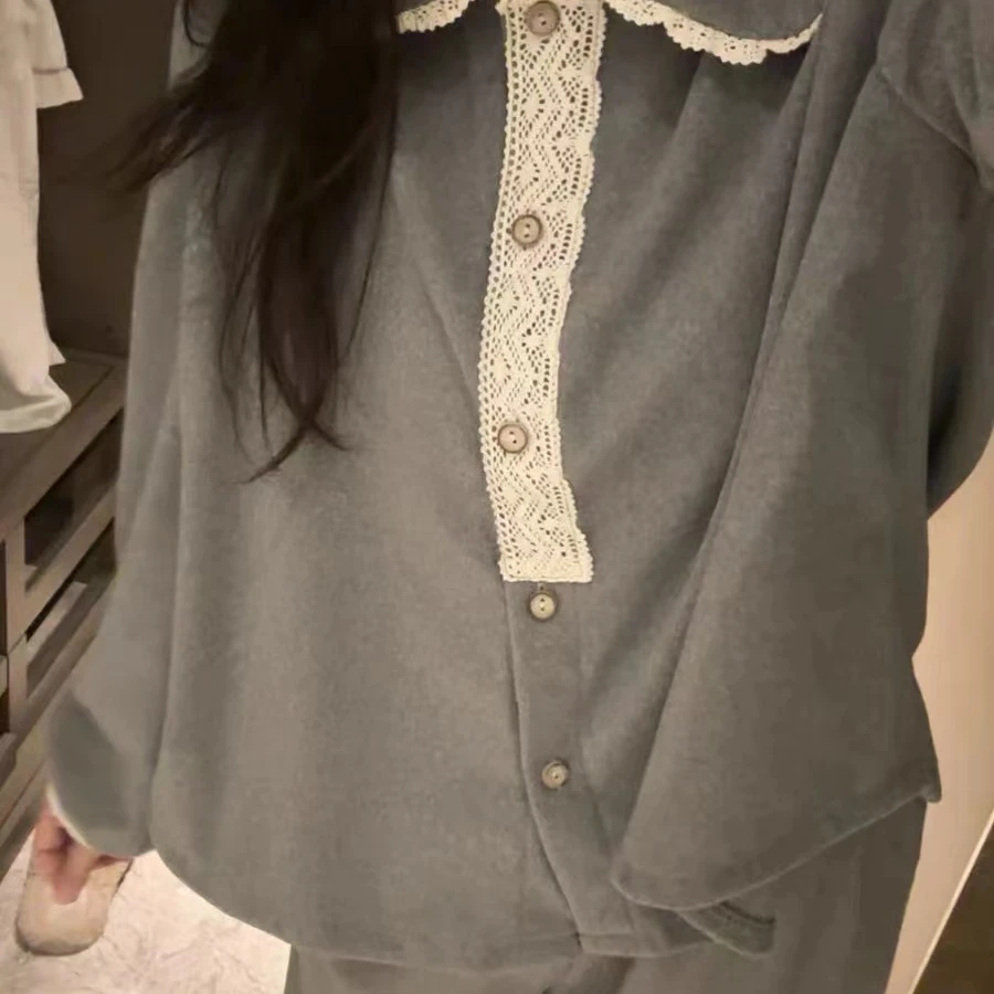 086德绒睡衣女秋冬季2024新款薄绒保暖花边家居服套装