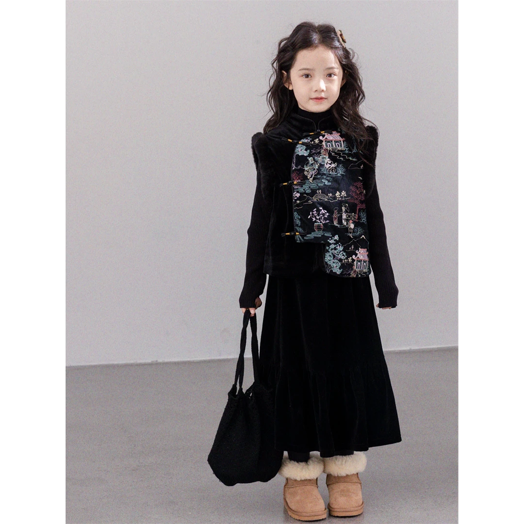 连衣裙复古女装女童秋冬中式刺绣格马甲套装中大童童加绒两件套