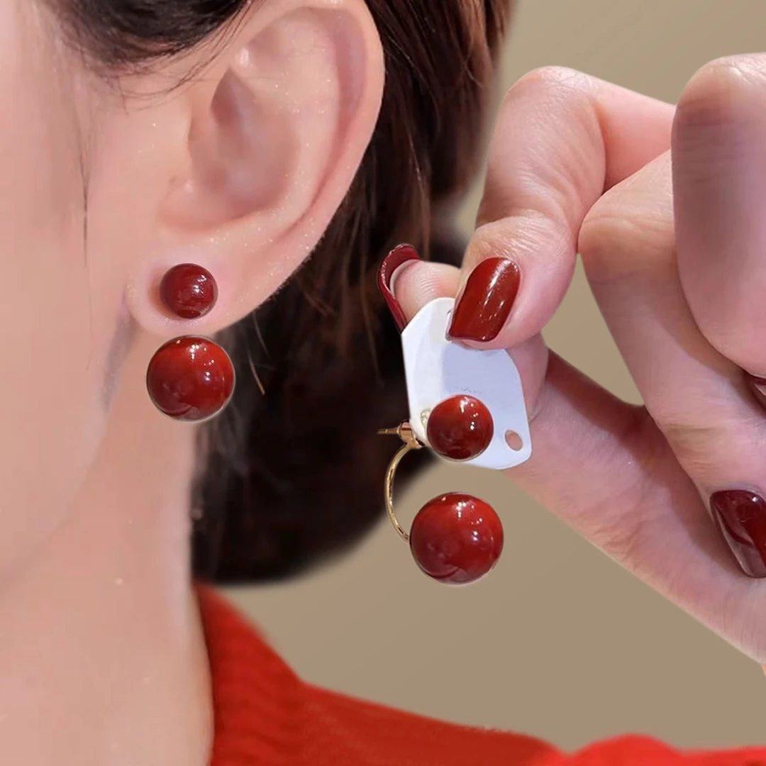 铜合金耳饰 红色珠珠耳环雅丹风两戴耳饰设计美拉德925银针8147