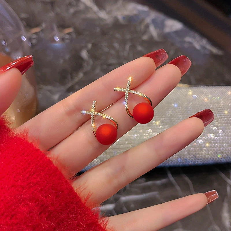 锌合金耳饰 红色喜庆款珠珠耳钉交叉小鱼耳环925银针设计感8001